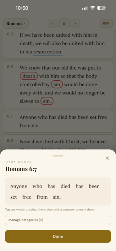 Inductive Marking — categories applied to words across Romans 6