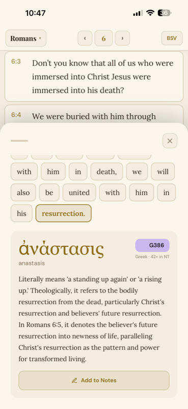 Word Study panel showing Greek anastasis with Strong's number and definition